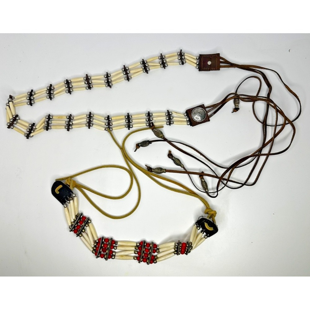 Vtg South Western belt Necklace Tube Beaded leather Concho Native American